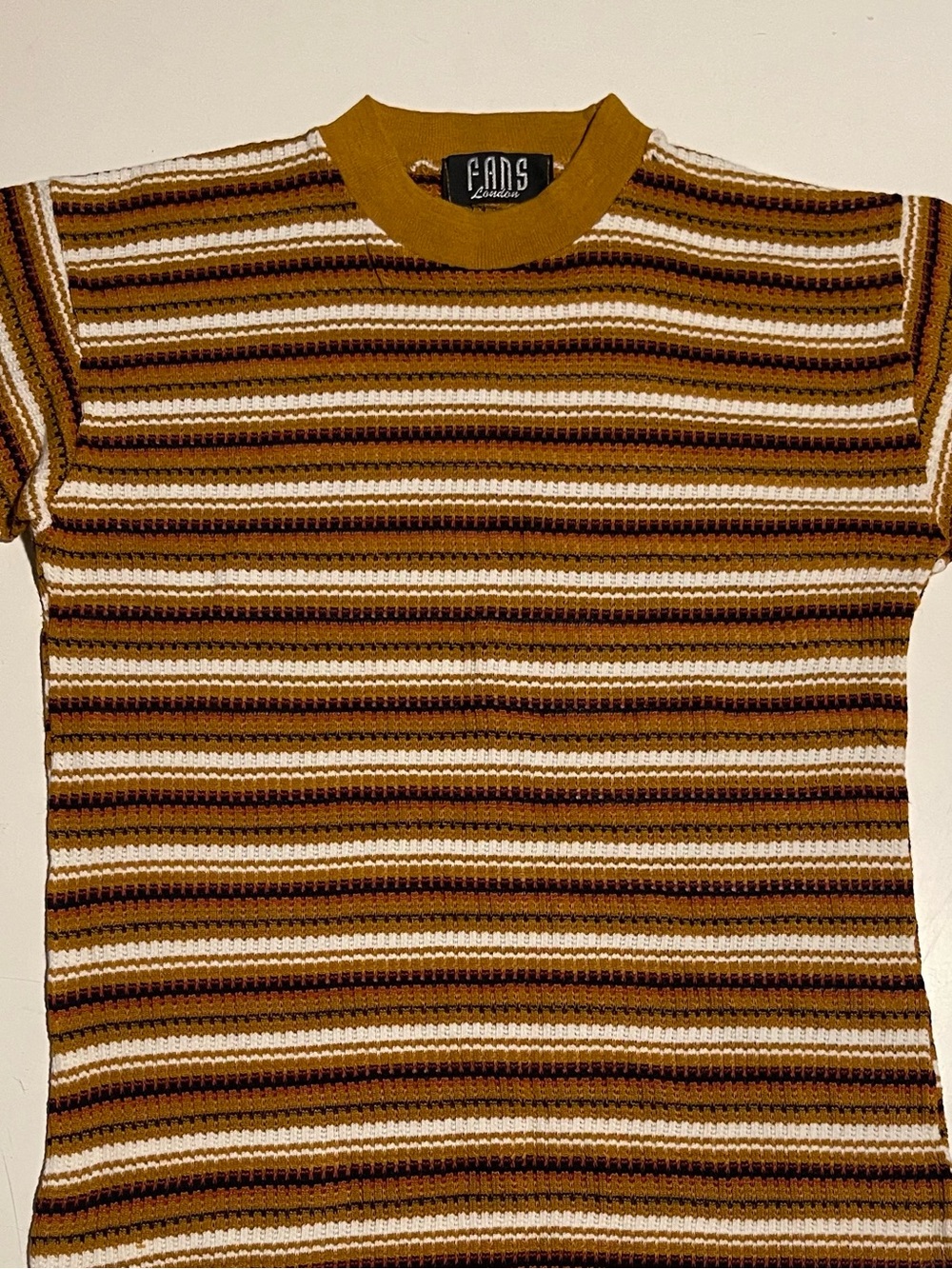 Vintage Mens / Unisex Striped Short-Sleeve Knit Top - Mustard/Brown/White